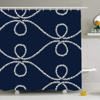 

Shower Curtain Set with Hooks 60x72 Nautical Sailor Drawn Design Decor Rope Pattern Trendy Endless Navy Lines Maritime Textures