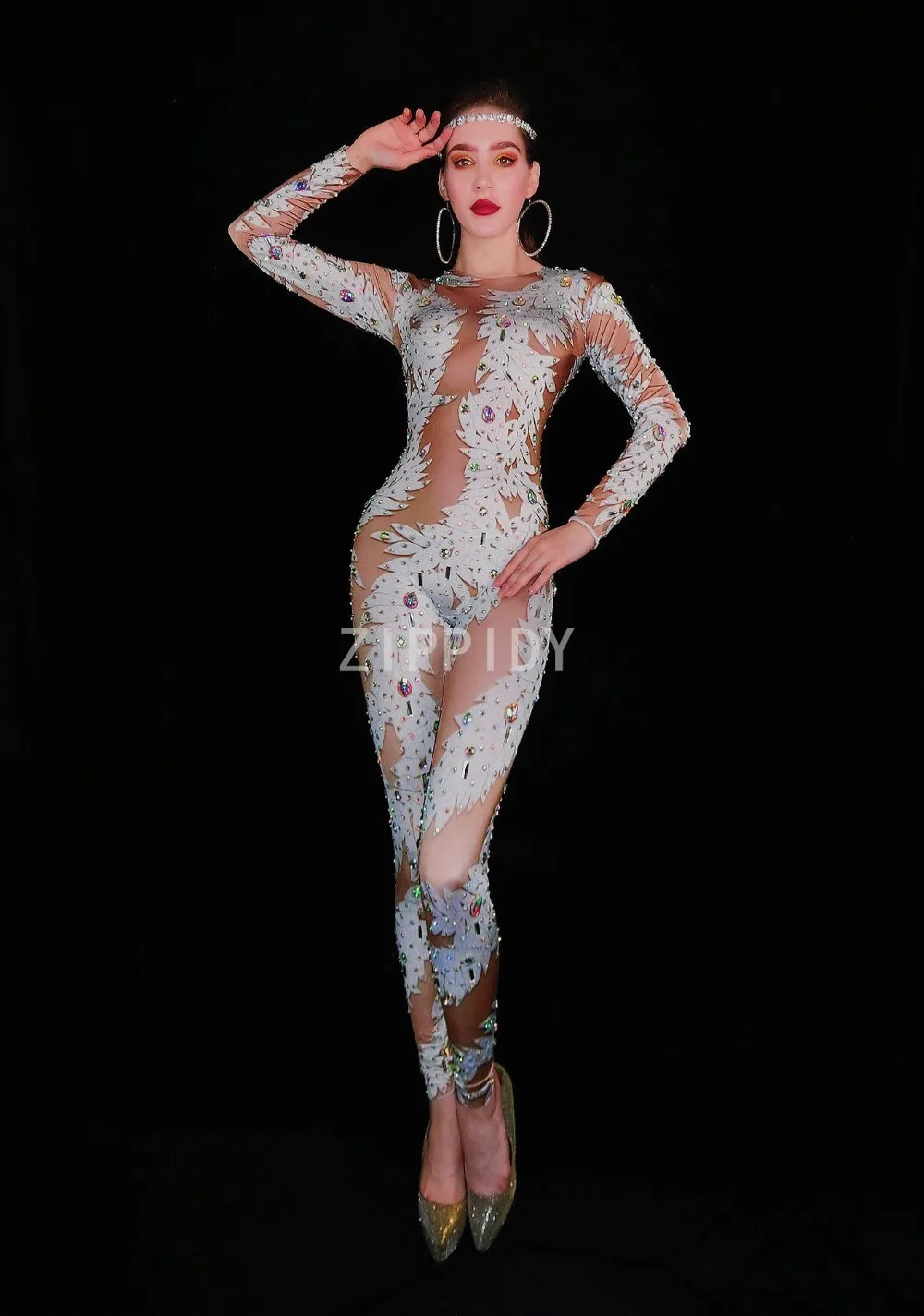 Блестящие разноцветные стразы с принтом комбинезон с длинными рукавами сексуальное боди для женщин певица бар сцена Выпускной День рождения наряд