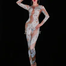 Блестящие разноцветные стразы с принтом комбинезон с длинными рукавами сексуальное боди для женщин певица бар сцена Выпускной День рождения наряд