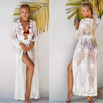 

2020 Women Lace Kaftan Kimono Robe Embroidery Mesh Maxi Party Dress Sexy See Through Bikini Cover Up Long Maxi Dress Nightdress