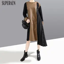 SuperAen Европейская мода женское платье 2019 осень и зима новое дикое повседневное женское платье с длинным рукавом сшитое кожаное платье