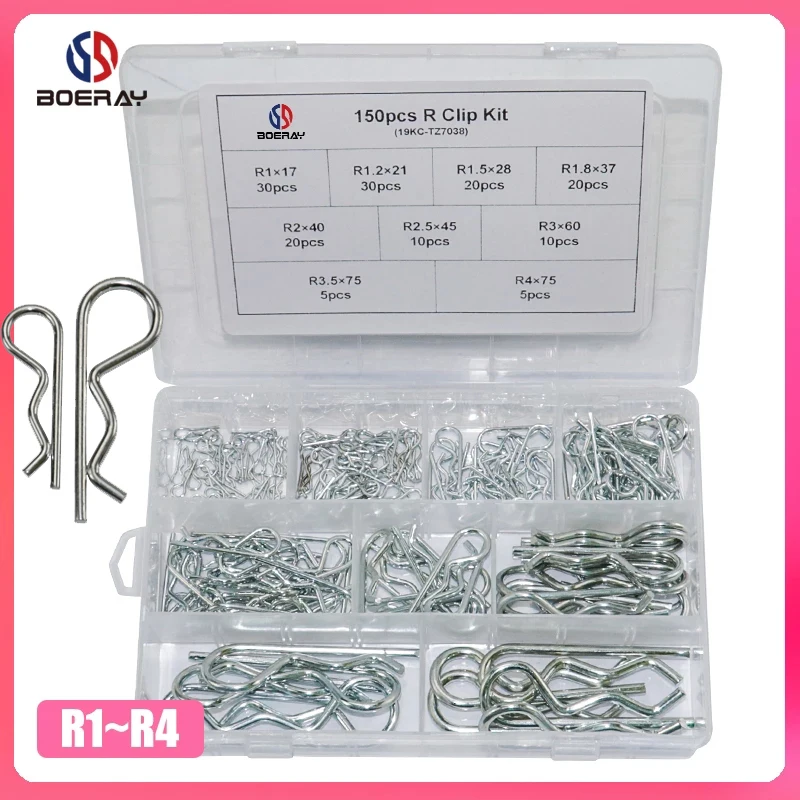 150pcs Carbon Steel R Clip Kits Anti-rust Hair Pin Hitch Retaining R Cotter Pins Tractor Pin Clips Split Cotter Pins Kit 9 Sizes afbeelding