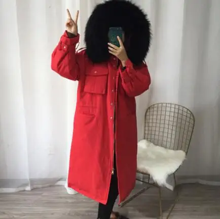 red coat-black fur 30 градусов Женское зимнее пальто большой натуральный мех енота воротник толстый теплый пуховик с капюшоном длинный белый пуховик - Цвет: red coat-black fur