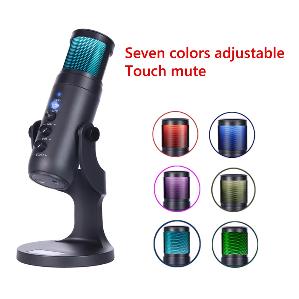 JD-950 RGB Condenser Microphone USB PC Computer Colorful Light Mic with Earphone Jack for Gaming Video Live Streaming Recording