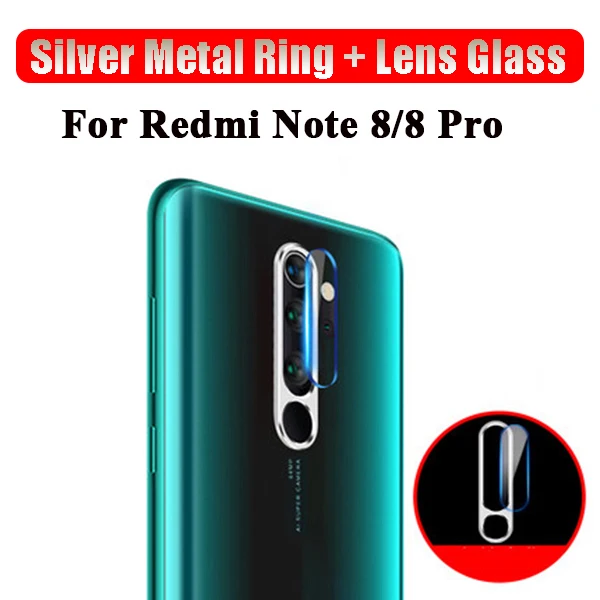 Для Redmi Note 8 Pro Чехол с металлическим кольцом+ закаленное стекло полное покрытие защитное металлическое кольцо объектив камеры чехол пленка протектор экрана - Цвет: Silver Ring and Glas