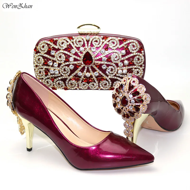 

WENZHAN Wine Italian Matching Shoes and Bag Set With Full Shinning Crystal Comfortable Heels For Spring Autunm 38-42 C910-31