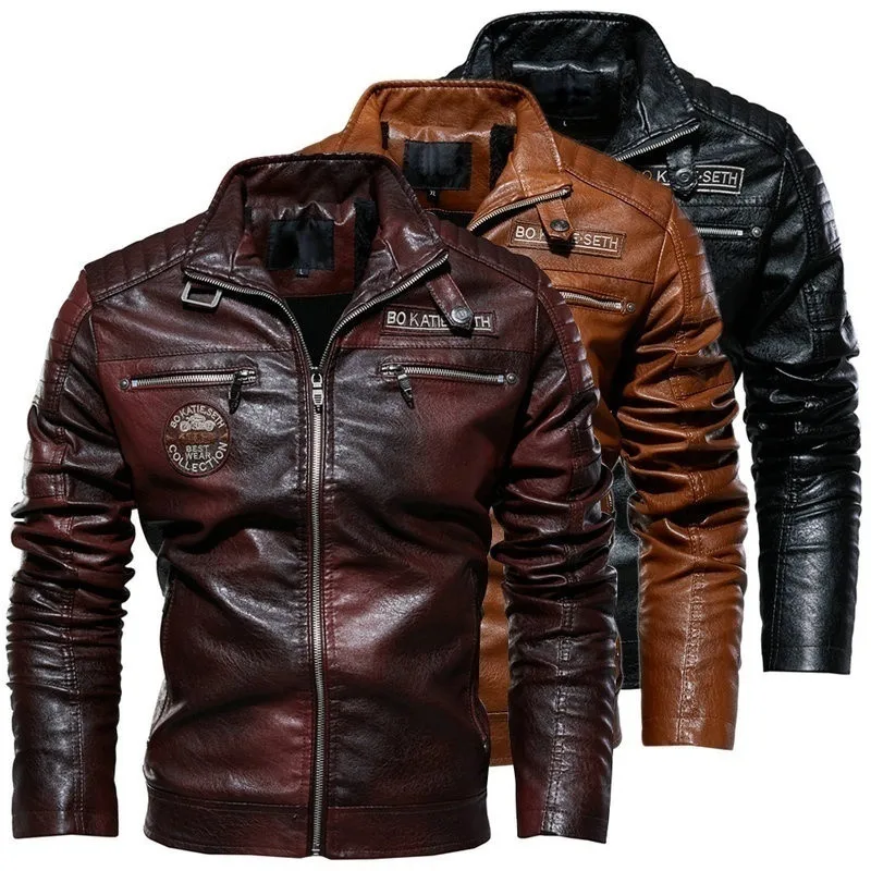 Chaqueta de cuero con cremallera para hombre, abrigo de manga larga de alta calidad para motocicleta, cuello vuelto, abrigo de talla grande para Otoño e Invierno