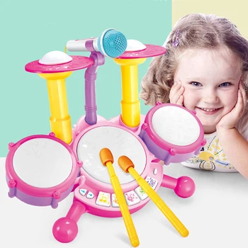 

Kids Drum Set Flash Light Toy Adjustable Microphone Baby Percussion Music Educational Toy For Kids Cartoon Design 2020 New