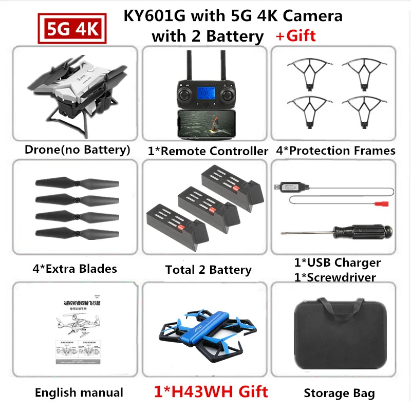 Радиоуправляемый Дрон KY601G gps Квадрокоптер с 5G 4K HD камерой 2000 м Дистанция управления Pro селфи следуем за мной Квадрокоптер Fly 20 минут - Цвет: W6 4K Cam Carry Bag