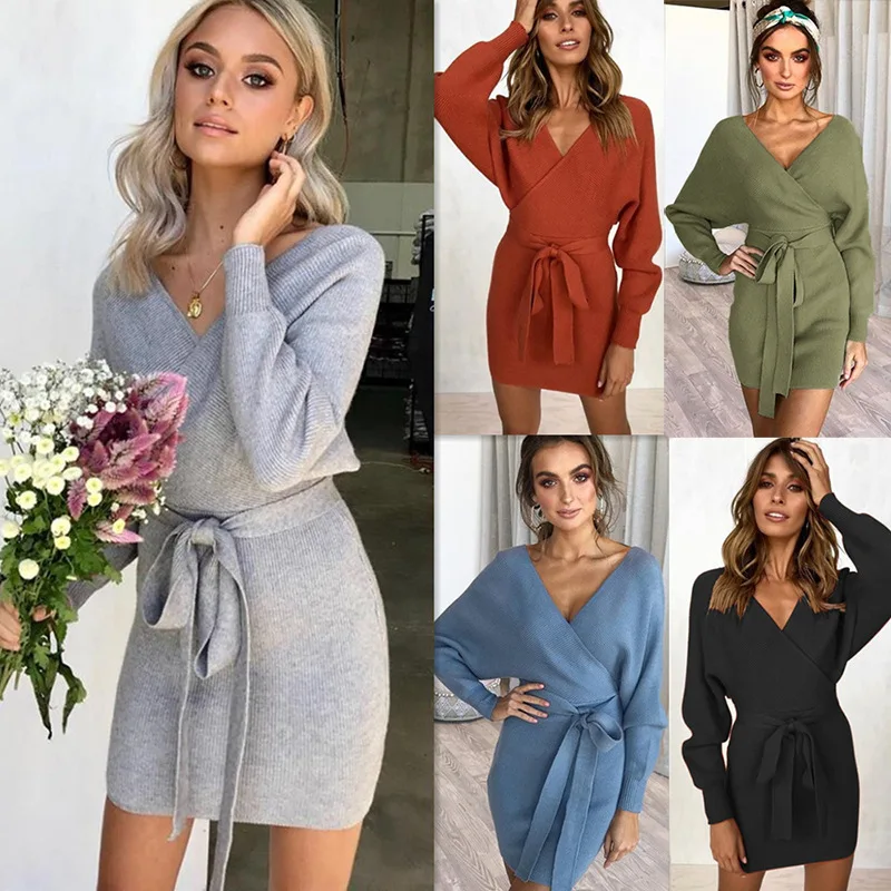 

MCLAOSI New Winter Knit Sweater Sexy Self-Cultivation Warm Sweater Top Dresses Women Vestido Feminino