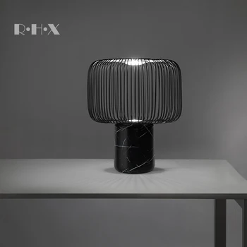 

Modern Concise Cage Desk Lamp Black Wrought Iron Northern Europe Wind Designer A Living Room Bedroom Bedside Marble Desk Lamp