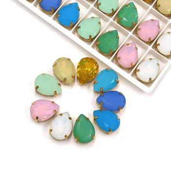 

New arrivals high quality K9 glass crystal Drop shape opal sew on rhinestones with gold frame diy clothing/handcraft