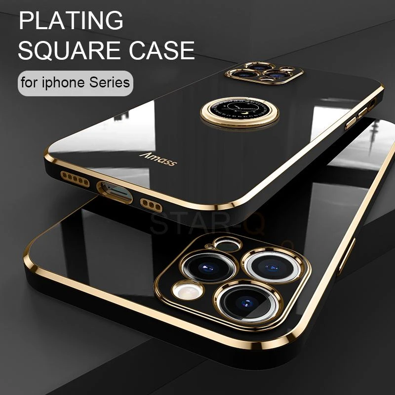 iphone 13 pro max case Luxury Plating Square Ring Holder Phone Case On For Iphone 13 pro max mini iphone13 13pro 11 12 Soft Silicone Stand Back Cover apple 13 pro max case