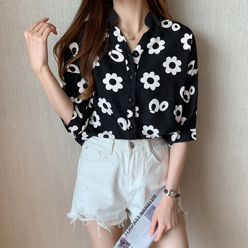 Woman Shirts Blouses Chiffon Tops Print Floral Short Sleeve Ladies Shirts Blusas Casual Streetwear Women Blouses Plus Size 2XL