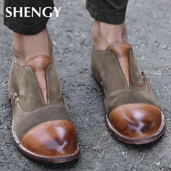 

2019 Summer Women's Leather Shoes Retro Low Heel Vintage Ladies Pump Pointed Toe Shallow Slip on Shoes Female Ankle Boots