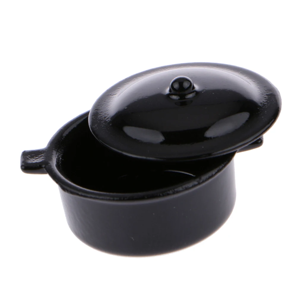 Dollhouse Miniature Kitchen Utensil Cookware Metal Casserole Dish Stew Pan Stockpot Black 12th Scale