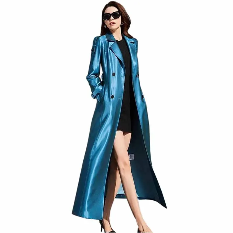 2024 New Fashion X-Long Trench Coat Women Spring Autumn Glossy Double Breasted Blue Windbreaker Slim Belt Casual Outwear KW311