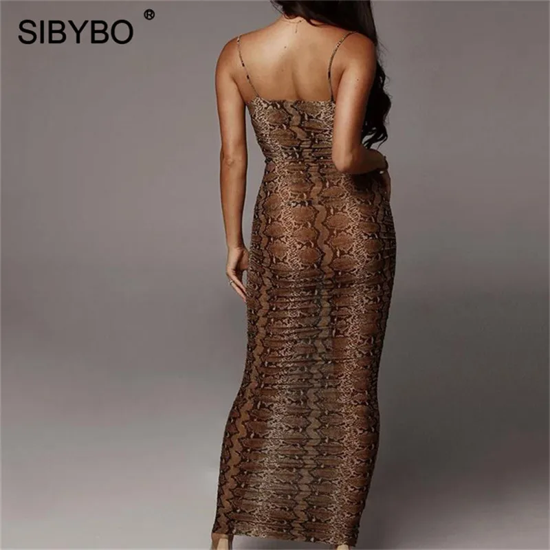 SIBYBO, змеиная кожа, Леопардовый принт, сексуальное длинное платье без бретелек на тонких бретелях, осеннее платье, женские прямые вечерние платья с открытой спиной
