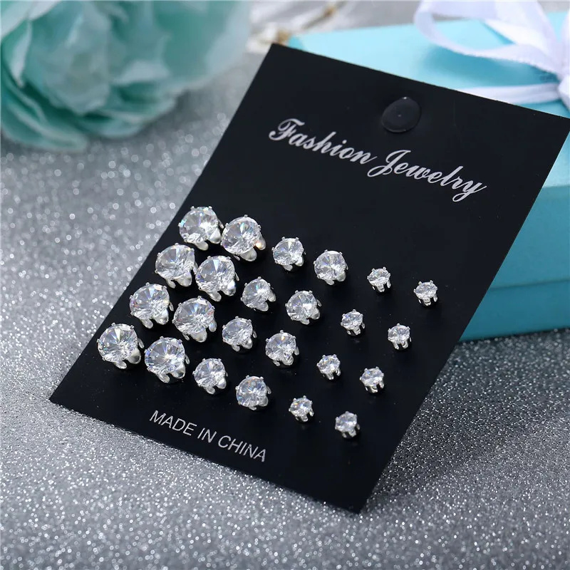 Classic 12Pairs Cubic Zirconia Stud Earrings Set For Women Silver Color Round Heart Crystal Rhinestone Earrings Brinco Jewelry