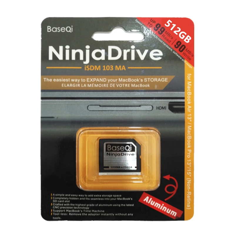 BaseQi NinjaDrive алюминиевая карта памяти 512 ГБ sd-карта для MacBook Air 1" и MacBook Pro retina 13"/15"