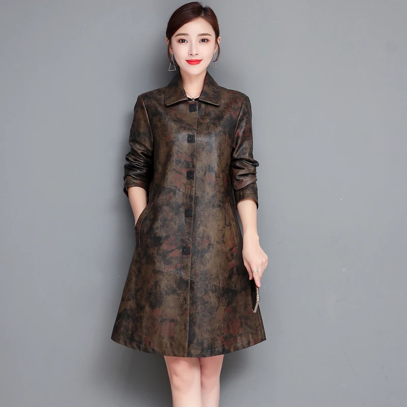 Brown pattern Новое кожаное пальто большого размера 3XL женское кожаное пальто Длинная женская кожаная куртка Модные женские пальто женские куртки - Цвет: Brown pattern