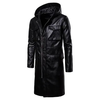 

Men's Zip Punk Pu Leather Motorcycle Long Jacket Hooded Black Coats Men Coat K064