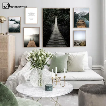 

Scandinavian Mountain Foest Bridge Landscape Poster Nordic Art Canvas Print Nature Scenery Painting Wall Picture Home Decoration