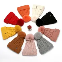 Модные зимние шляпы, шапки для женщин, грубая вязаная шапка из кашемира для женщин и девушек, толстая теплая шапочка мех, помпон, вязаная шапка