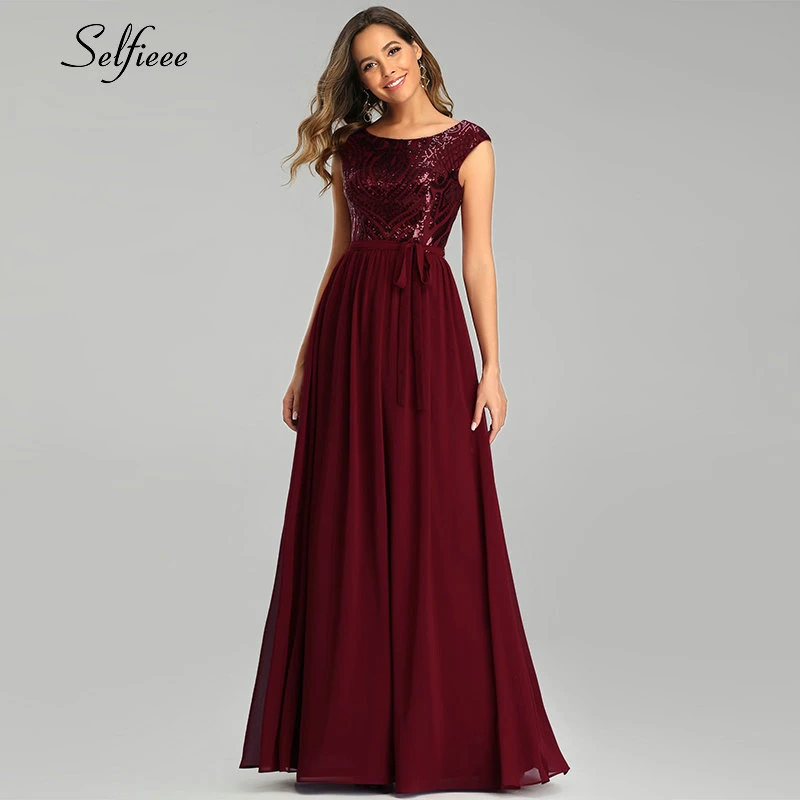

Elegant Burgundy Maxi Dress O-Neck A-Line Sleeveless Bow Sashes Sequined Sparkle Summer Dress Long Party Dress Vestidos 2020