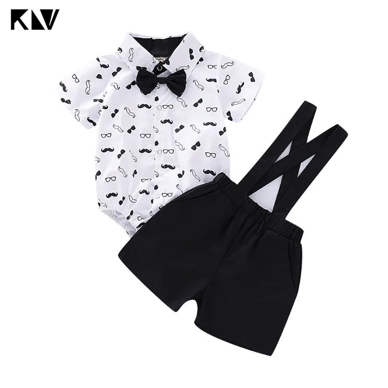 KLV 2PCS Set Newborn Baby Infant Short Sleeve Romper Gentlemen Mustache Bow Tie Jumpsuit Overall Bib Pants Shorts Suit | Мать и ребенок