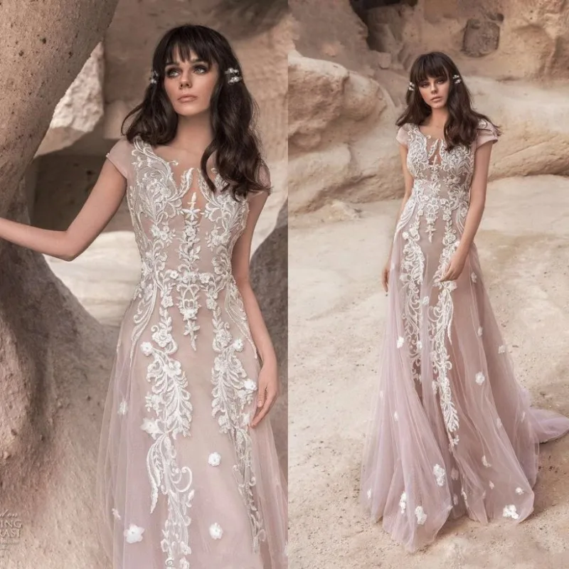 

New Arrival 3D Flowers Boho Wedding Dress 2020 Lace Beach Wedding Gowns Short Sleeve Appliques Backless Vestido De Noiva