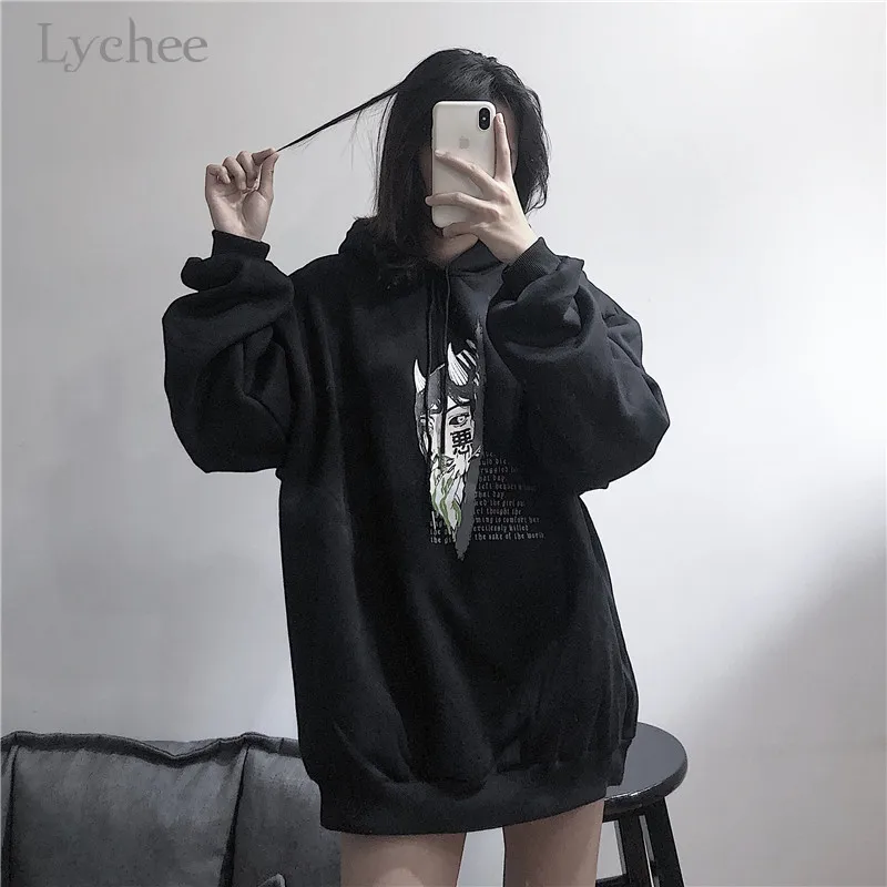 Lychee Harajuku Devil Girl письмо женские флисовые толстовки с капюшоном весна осень зима женские Топы повседневные свободные женские толстовки