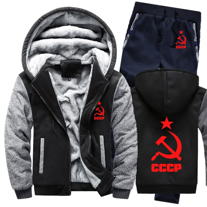 Зимний флисовый утепленный спортивный костюм CCCP, русские толстовки, мужские повседневные теплые свитшоты из СССР и Советского Союза, куртка+ штаны, комплекты из 2 предметов