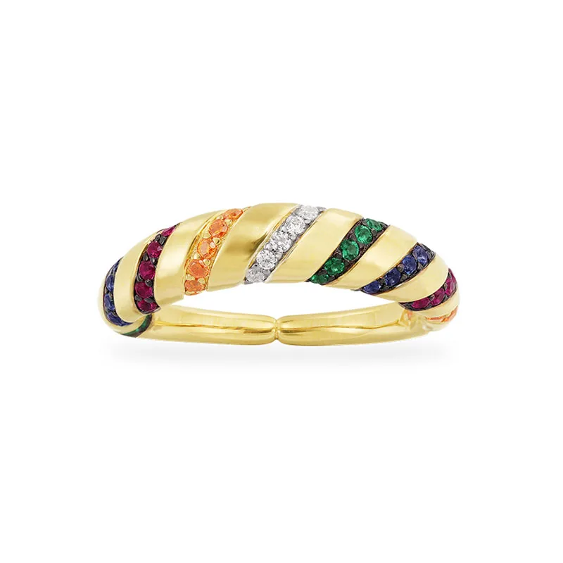 

SLJELY Fashion Women Real 925 Sterling Silver Yellow Gold Color Colorful Zirconia Stripes Tribal Ring November Mana Collection