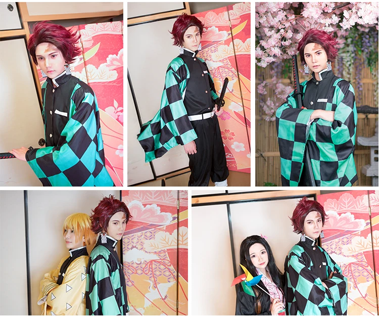 Аниме Demon Slayer Косплей Tanjirou Kamado Косплей Костюм Kimetsu no Yaiba мужской кимоно костюм парики серьги Хэллоуин