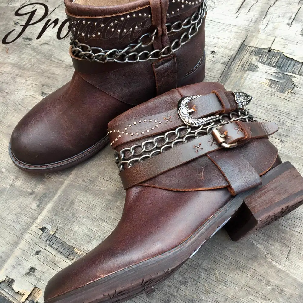 

Prowow New Genuine Leathe Metal Chain Ankle Boots Round Toe Slip On Vintage Autumn Winter Boots Shoes Women