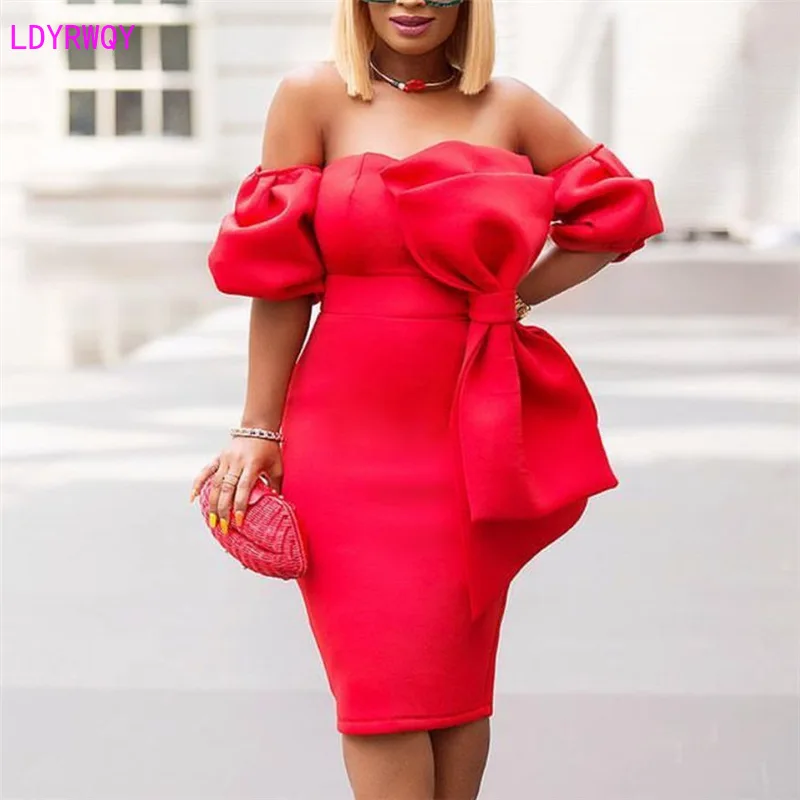 

2019 spring and autumn new European and American women's sexy wrapped chest bubble short-sleeved stitching bow bag hip dress