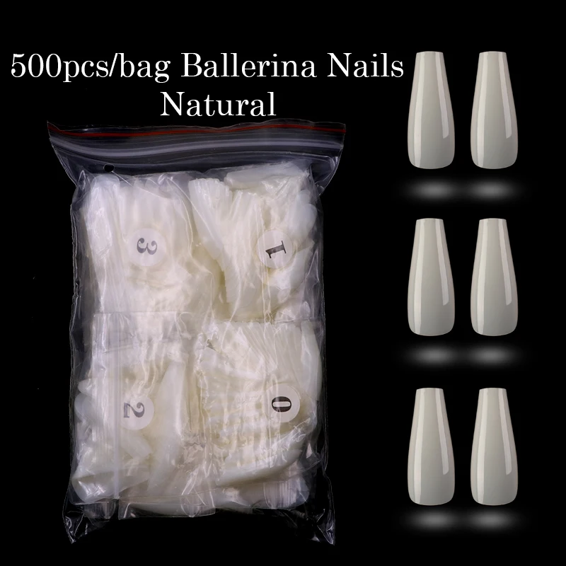 Ballerina-Natural Lamemoria, 500 шт, накладные ногти, гроб, Типсы для ногтей, прессованные на ногти, натуральные, прозрачные, длинные, для балерины, сделай сам, накладные ногти, полное покрытие, UNas falsas - Цвет: Ballerina-Natural