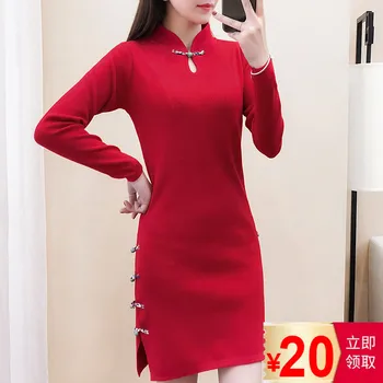 

sweaters, spring and autumn Korean version of high-collar pullovers, long sleeves, medium-length tight red cheongsam