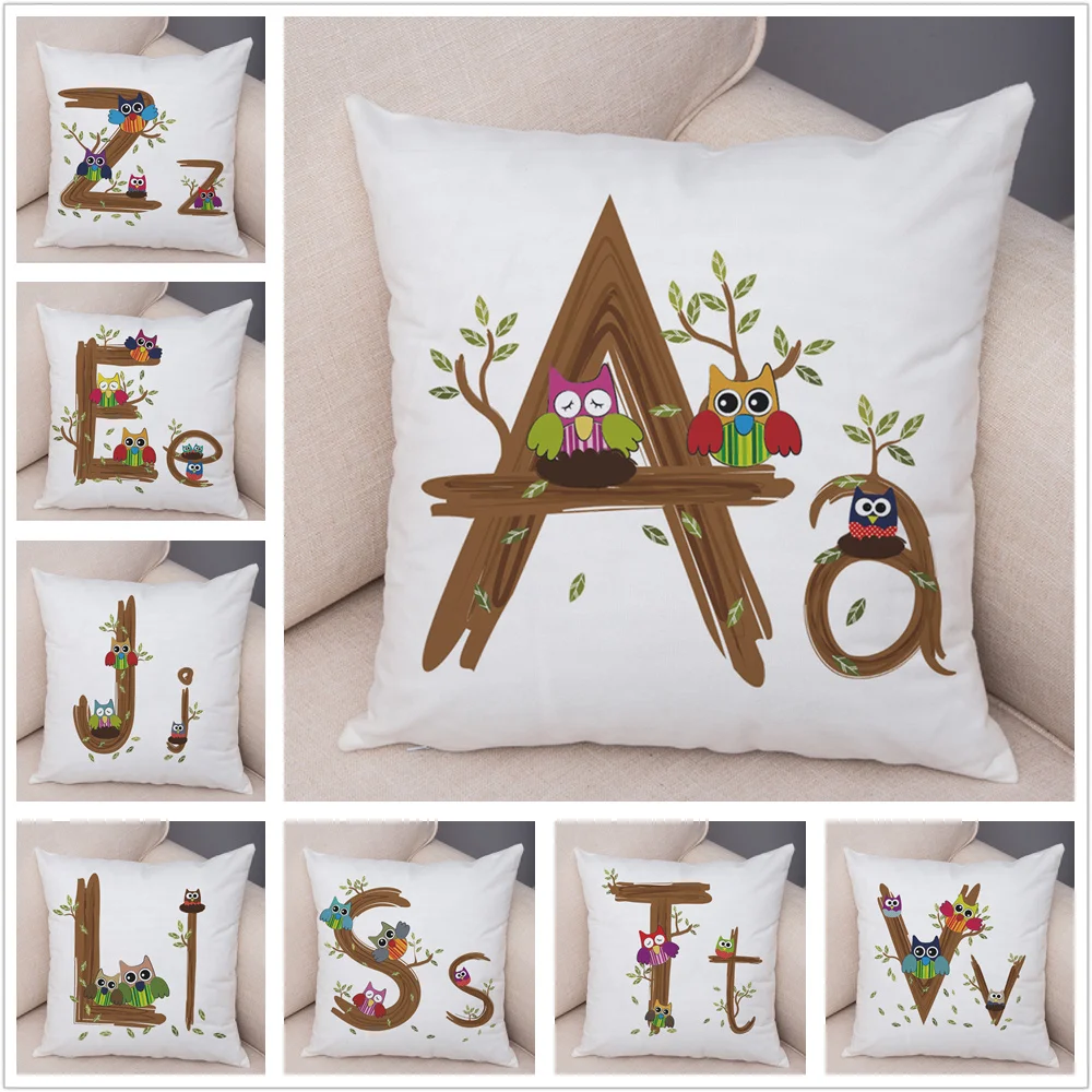 

A-Z Owl Cushion Cover Decorative Cartoon Animals Letter Printed Pillow Case for Sofa Home Throw Polyester Pillowcase 45*45 cm