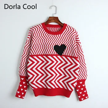 

New 2020 Women's Striped Sweaters Knitted Pullovers Long Lantern Sleeves Jacquard Heart Shaped Top Chic Girl's Casual Jumpers