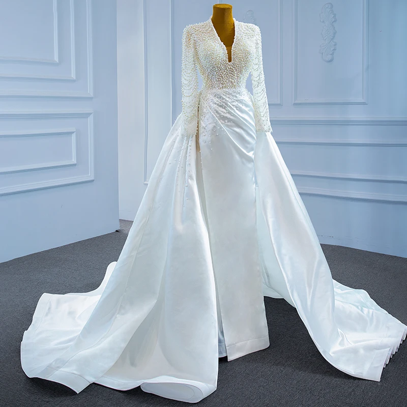 J67251 JANCEMBER White Elegant Pearl Beading Long Sleeve Wedding Dress Detachable Trailing Shiny V-neck Backless Long Dress 4