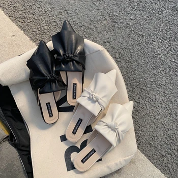 

Pleated Mules Women Shoes Low Heels Slippers Bow Knot Pointed Toe Slides Leather Slip on Loafers Black White Zapatos Mujer