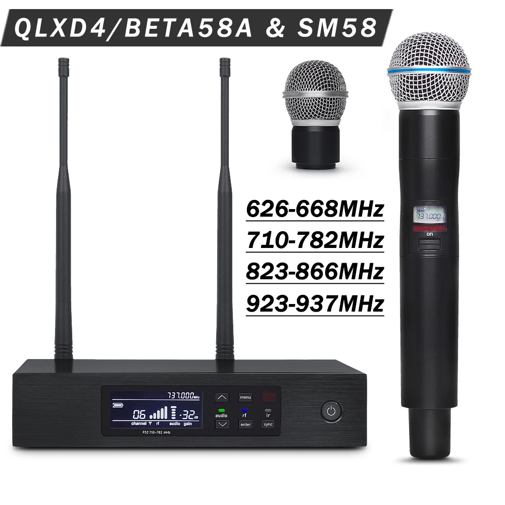 

Professional UHF Wireless Mic System QLXD4 BETA58A & SM-58 !! True Diversity Stage Performance Single Handheld Microphone