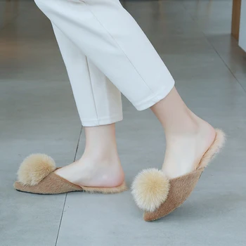 

Vabadus Pointed Toe Mules Pom Pom Fur Slippers Cute Winter Warm Flats Shoes Woman Casual Loafers Comfortbale Flock Slides yt105