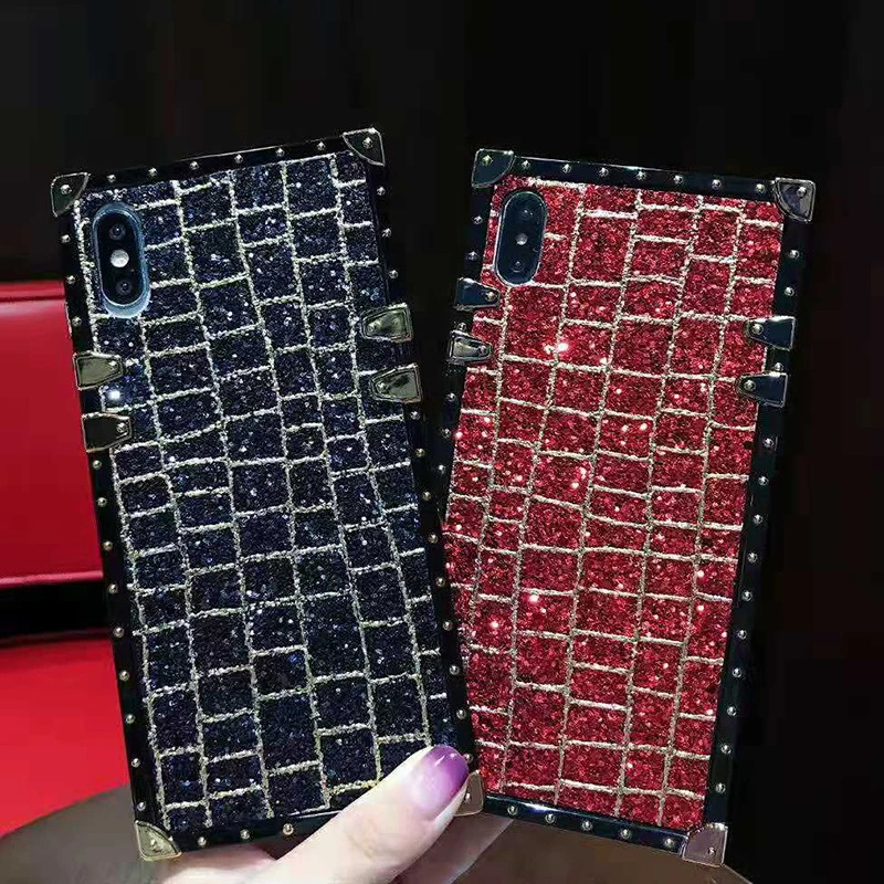 Luxury Brand Square Bling Shiny Glitter Powder Case For iPhone 11 Pro Max XS Max XR X 8 7 6 6S Plus Silicone Cover Ring Bracket (3)