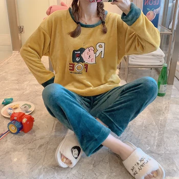

XIZOU Pajama Woman Winter Warm Sets Ladies Pyjamas Flannel Sleepwear Pijamas Mujer New Home Clothes 2020