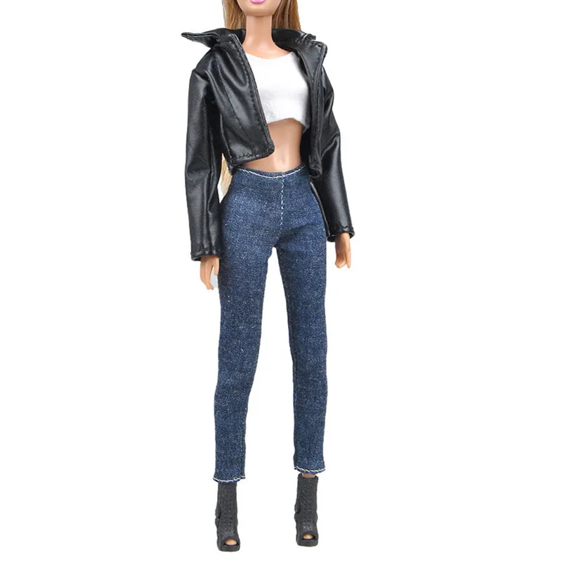 Paris Fashion Leather Jacket Outfit Set For Barbie Blyth 1/6 30cm MH CD FR SD Kurhn BJD Doll Clothes Accessories