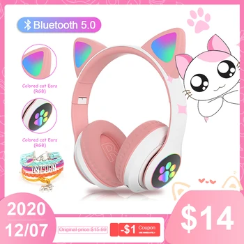 Auriculares Oreja de Gato RGB con Bluetooth 5,0 para adultos y niños, novedad, auriculares con cancelación de ruido, soporte para tarjeta TF, micrófono, pulsera de regalo
