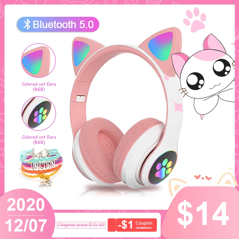 Новая цветная (RGB) кошачьими ушками наушники Bluetooth 5 0 бас Шум шумоподавления